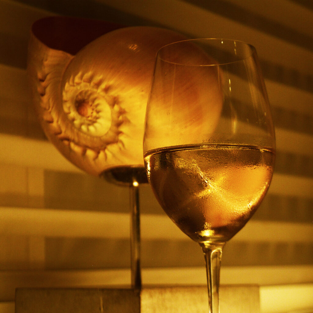 a glass of wine in front of a shell statue